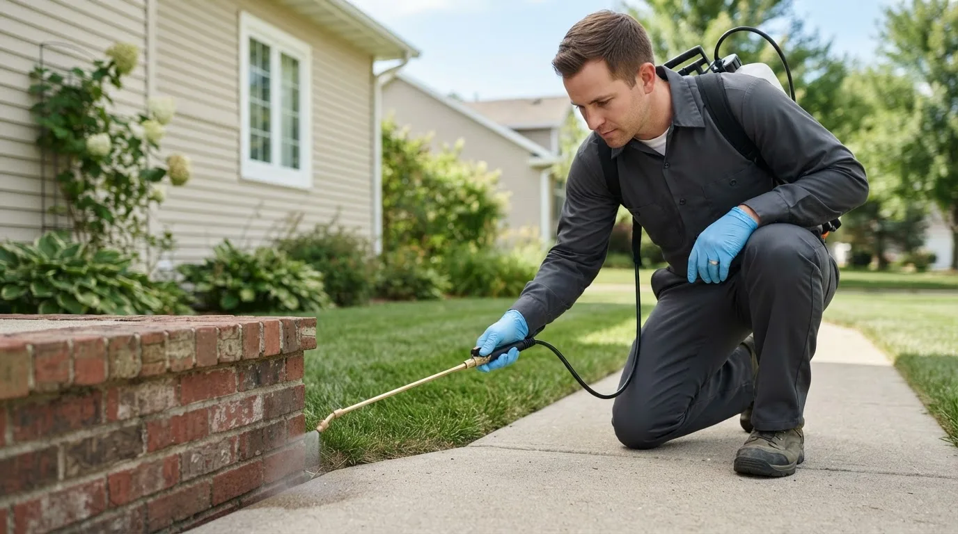 Pest control technician treating a home near Cooks, MI