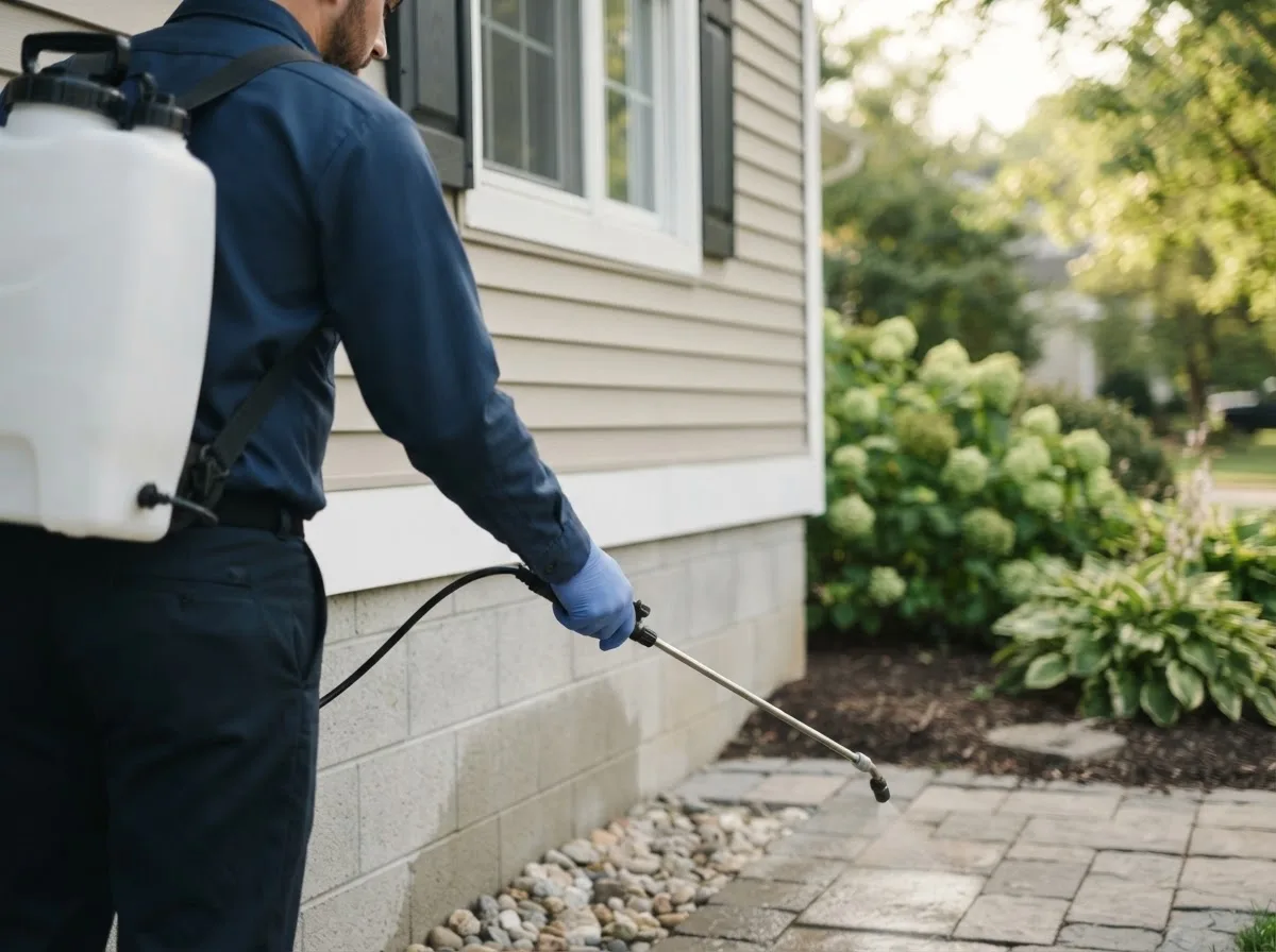 Pest control technician inspecting a home in Cooks, MI